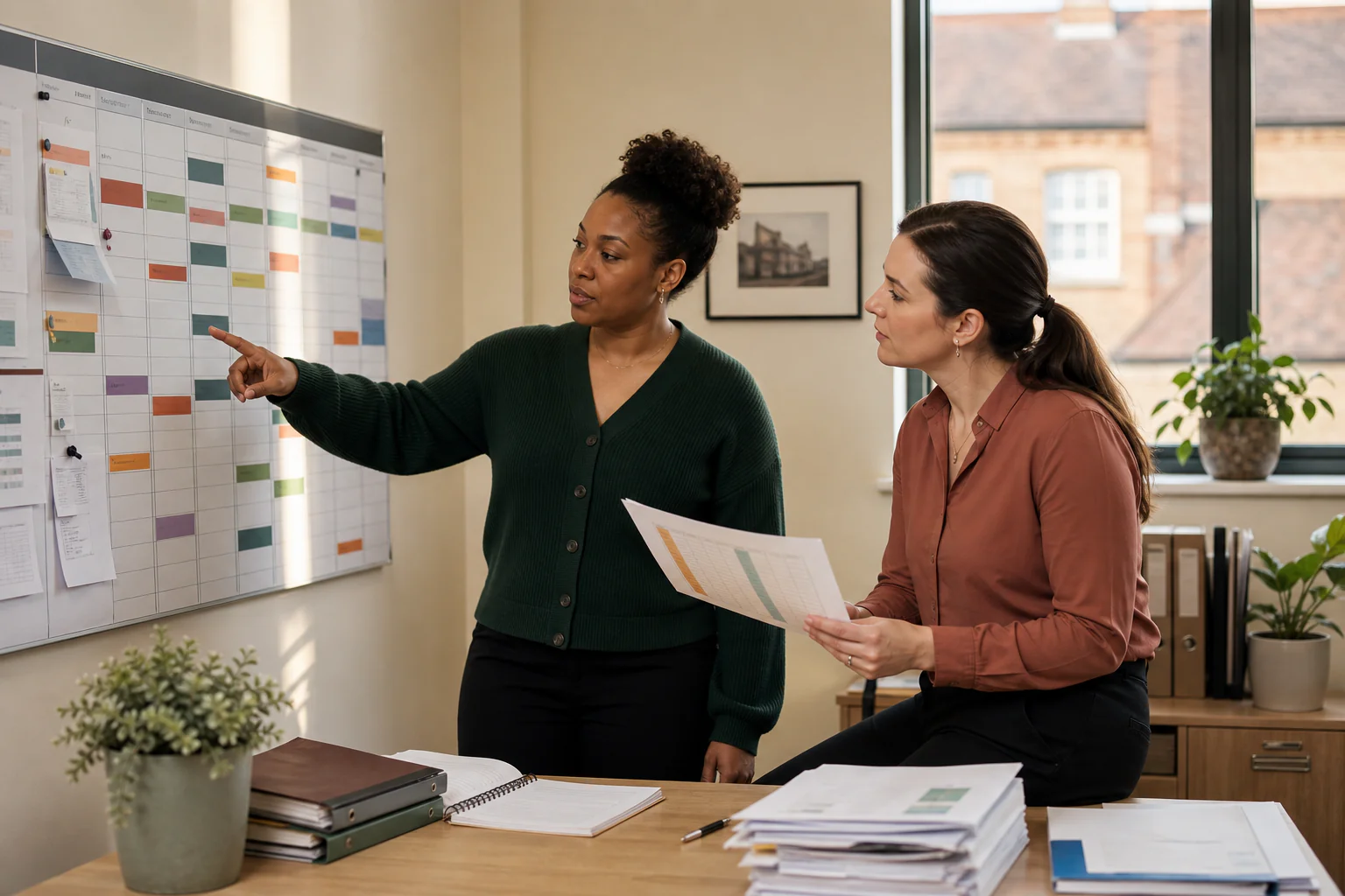 Two CareCore coordinators reviewing a compliance board in the Bicester office