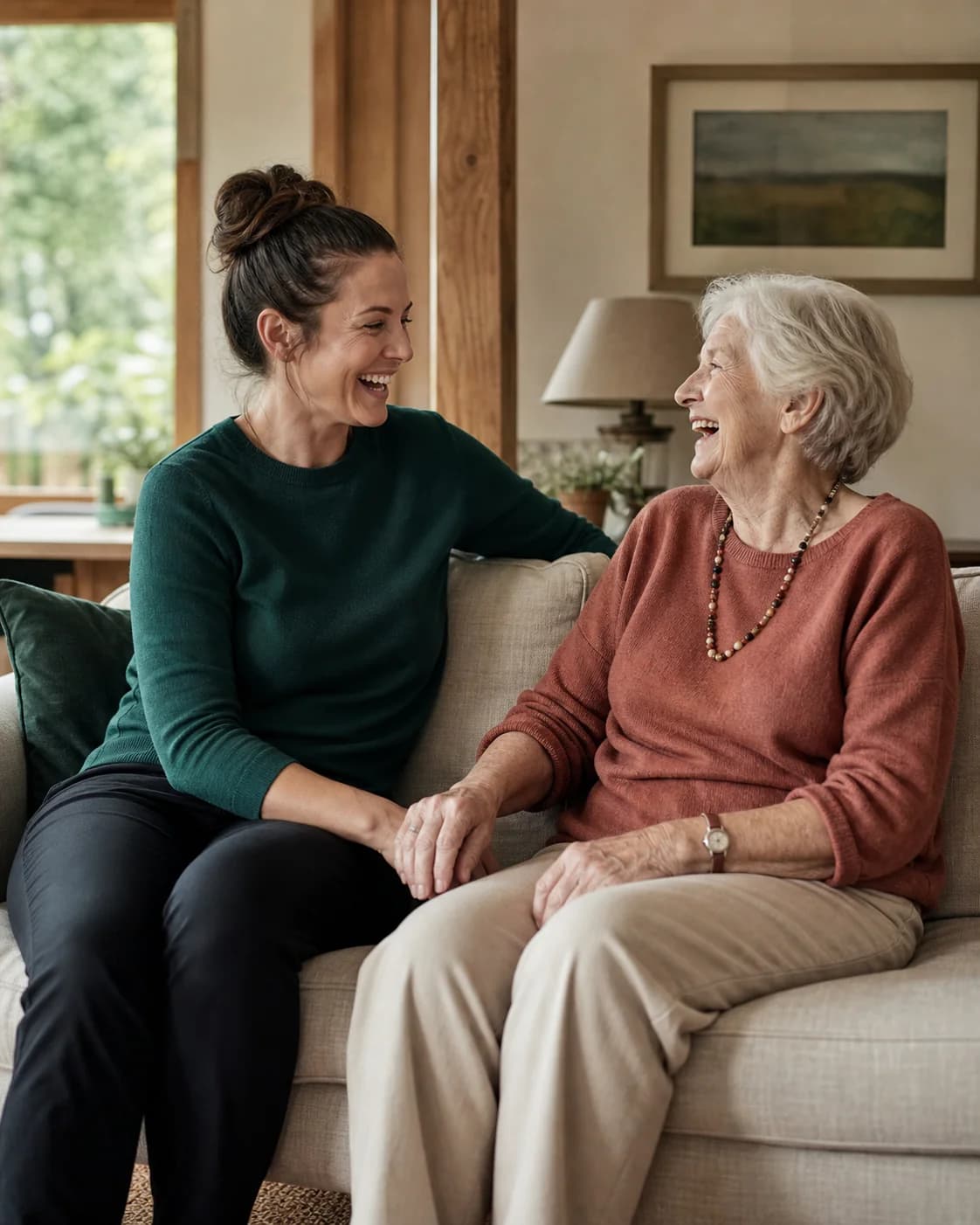 A CareCore care assistant sitting with an older woman in her living room, both laughing