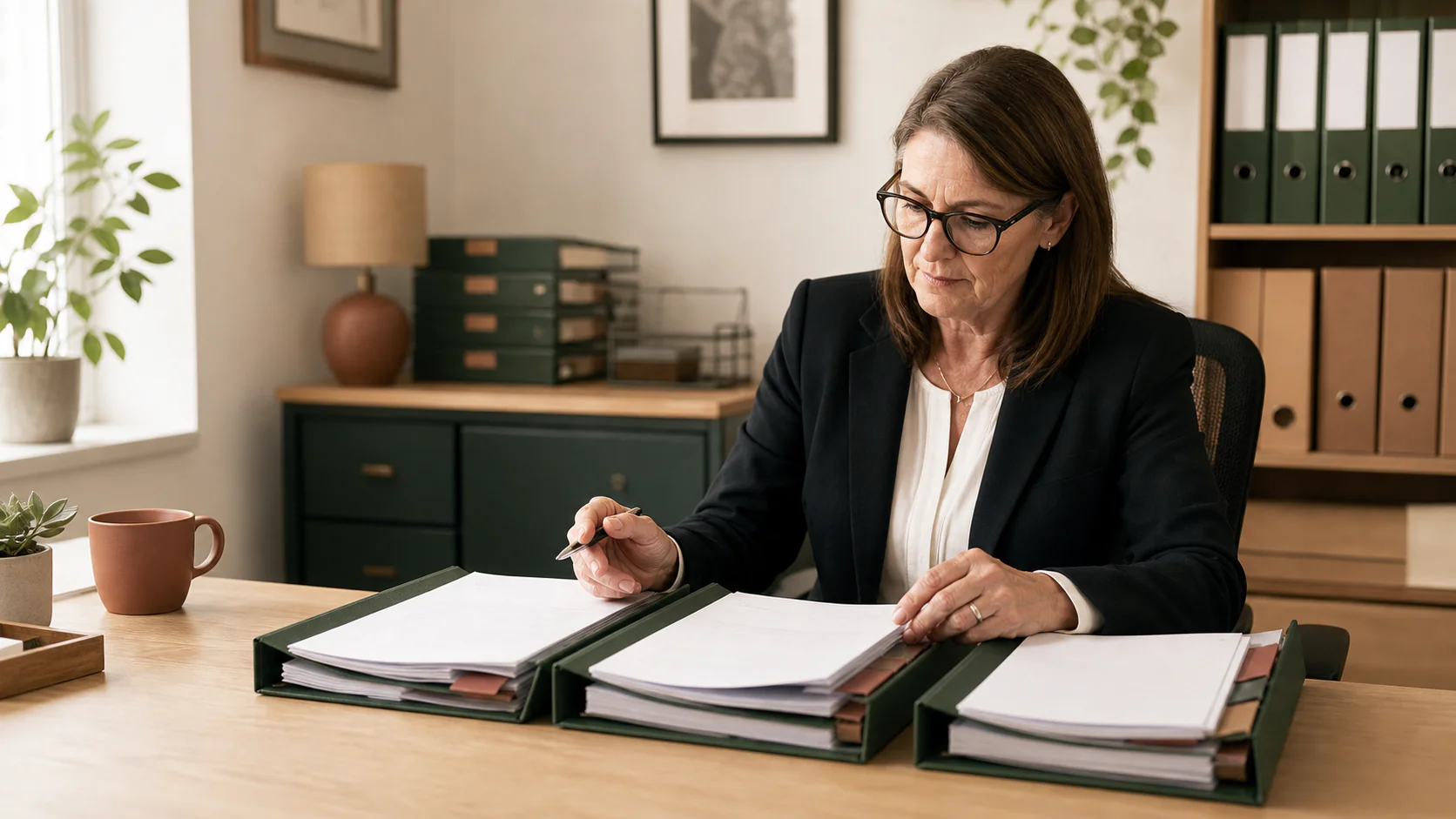 A registered manager reviewing files ahead of an inspection
