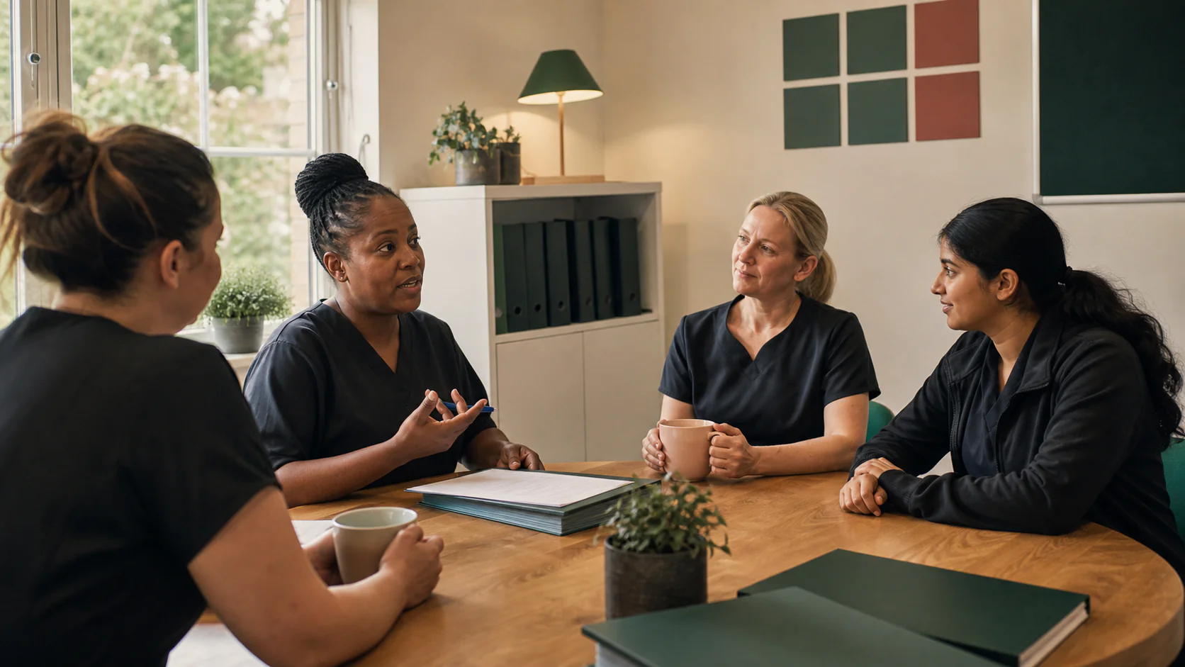A team handover meeting in a care home office