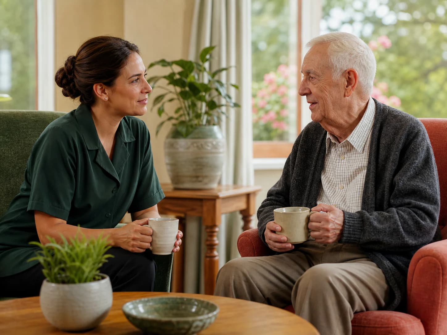 A care home lounge with a carer talking to a resident