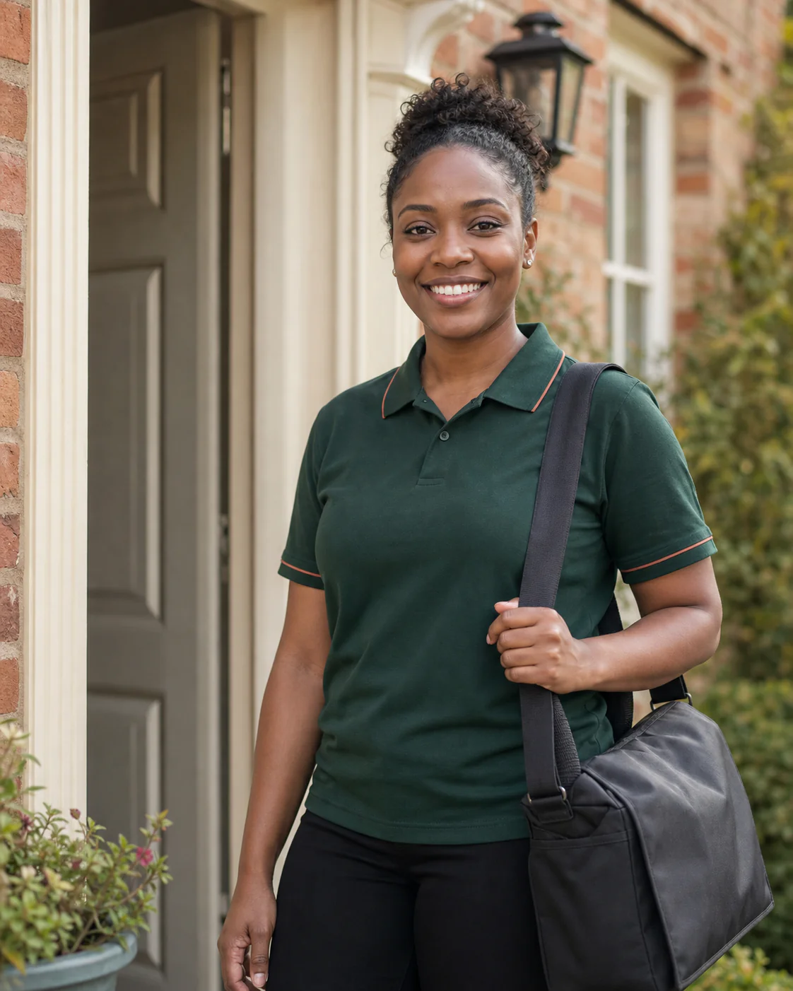 A CareCore care assistant in uniform smiling on a doorstep
