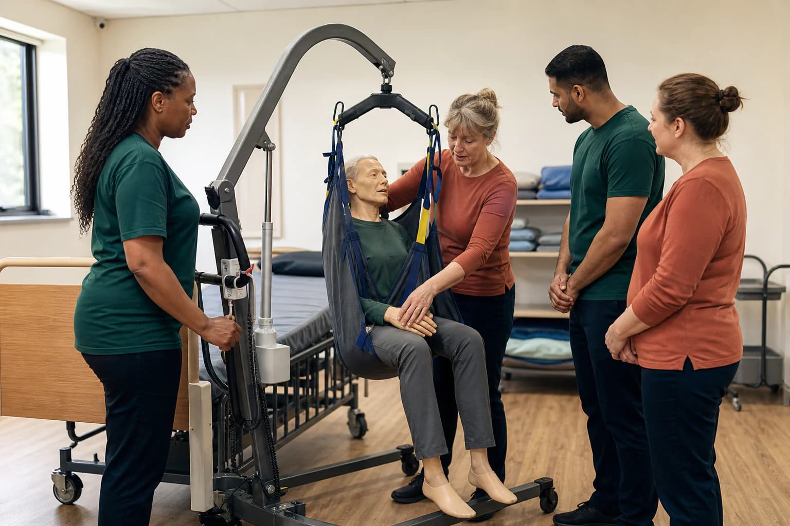 Care workers practising moving and handling in a training session