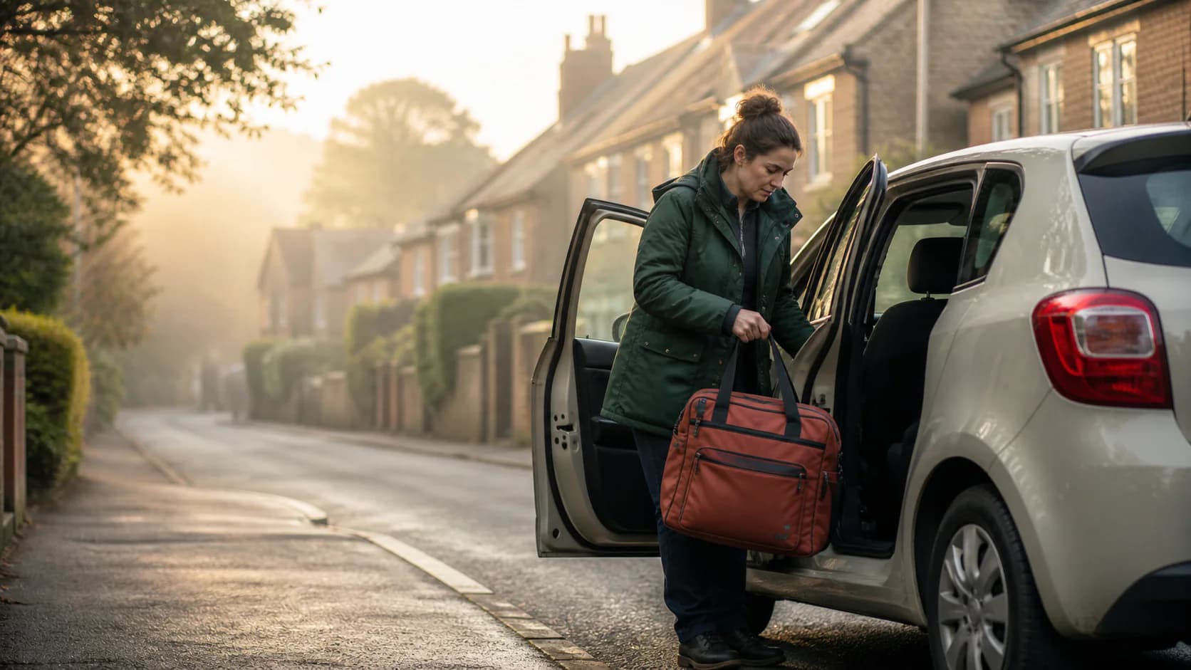 A community nurse getting into a car on a domiciliary round