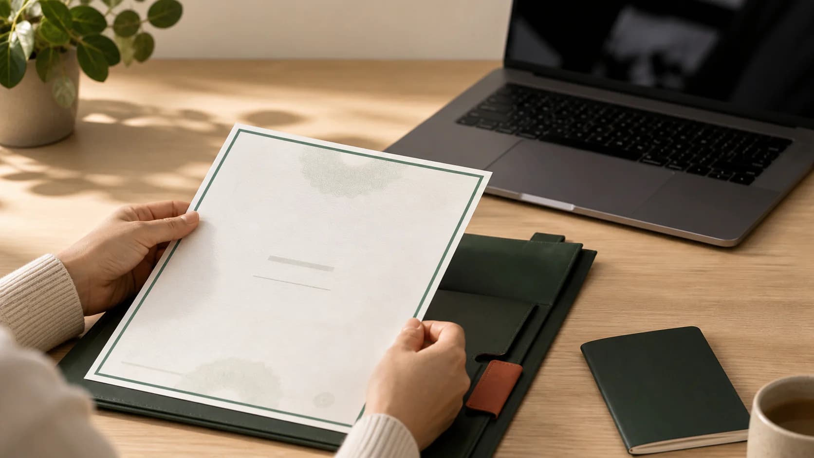 A DBS certificate on a desk beside a laptop